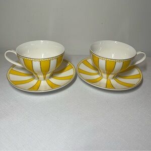 Meritage Heritage Fabio Yellow & White Striped Teacup & Saucers. 6 oz. Set 2.